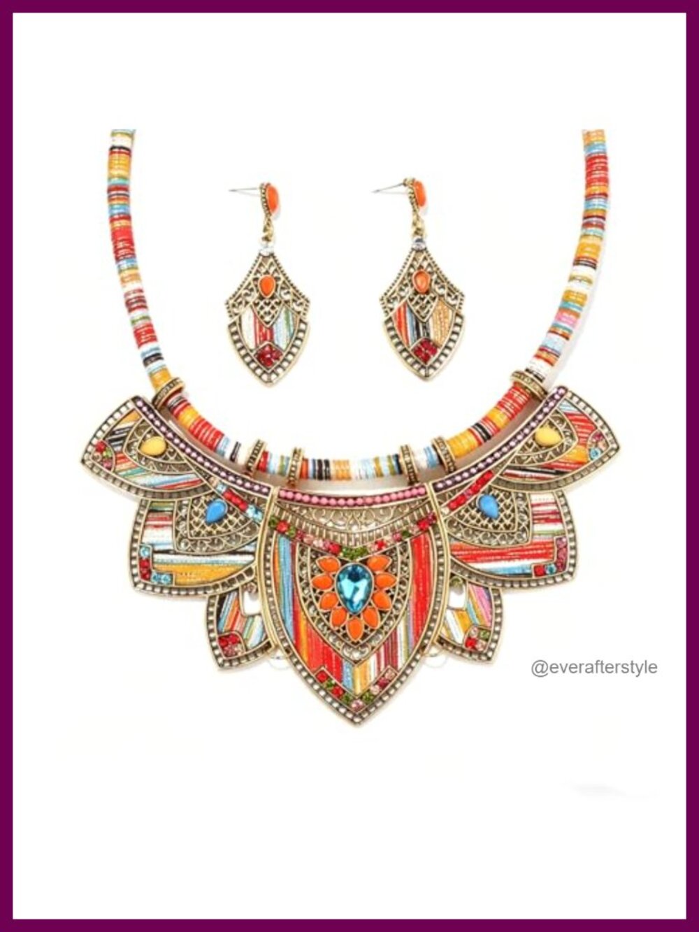 Boho African Inspired Beaded Bib Choker Necklace and Earrings Jewelry Set